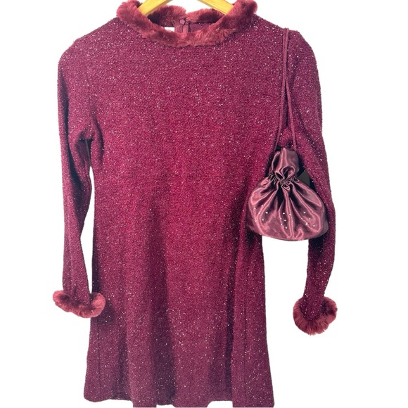 American Girl Holiday Dress & Purse Burgundy Sparkle Fur Trim Midi Big Girl 16 - Picture 4 of 11